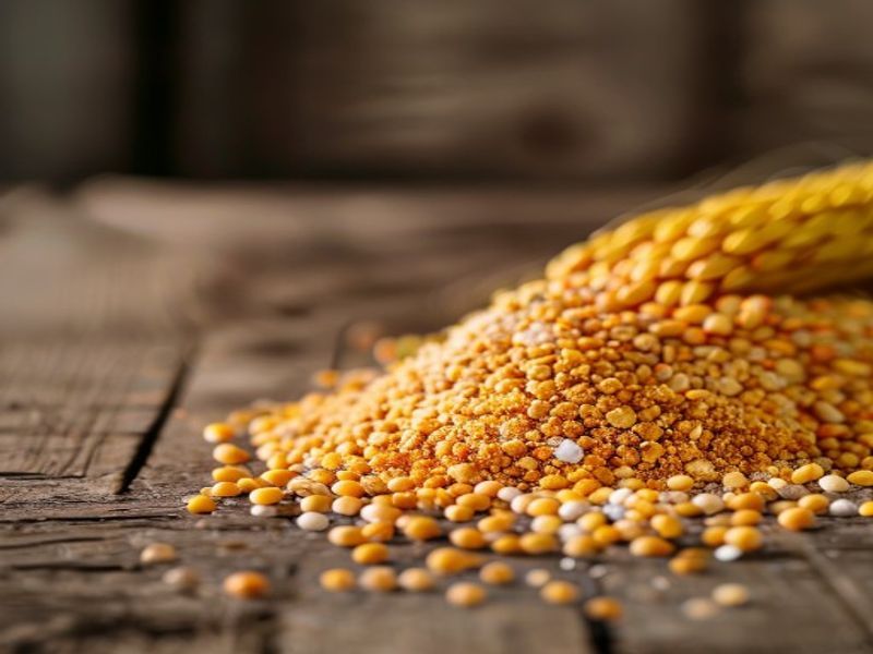 Poultry feed pellets and grain with premix powder