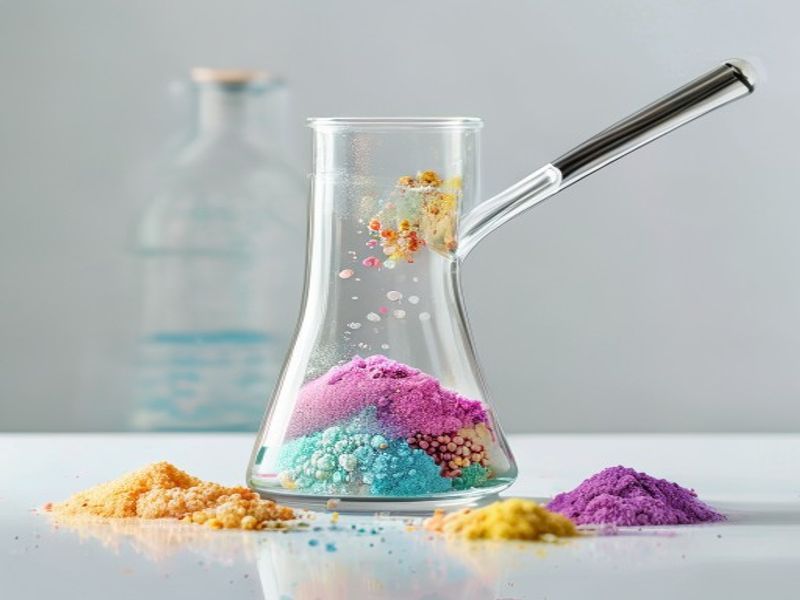 Laboratory beaker and scoop with ingredient powders