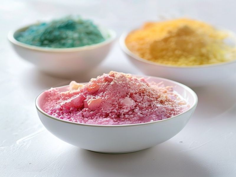 Free-flowing coloured flavour powders in bowls