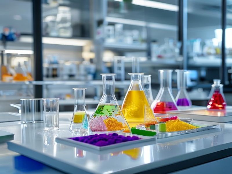 Laboratory bench with beakers and ingredient samples