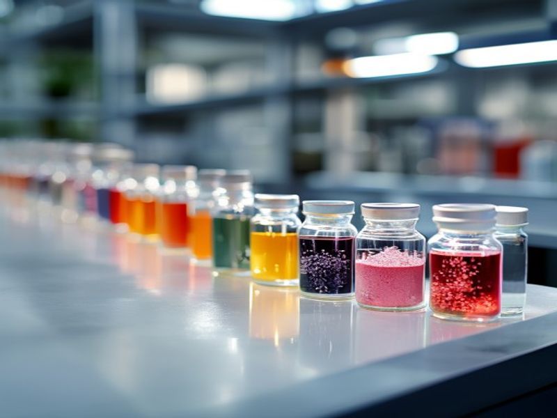 Trial sample jars and bottles on a lab bench