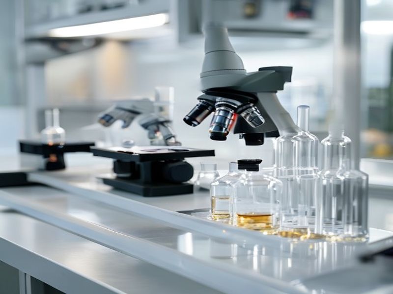 Sample vials and microscope on a clean lab bench